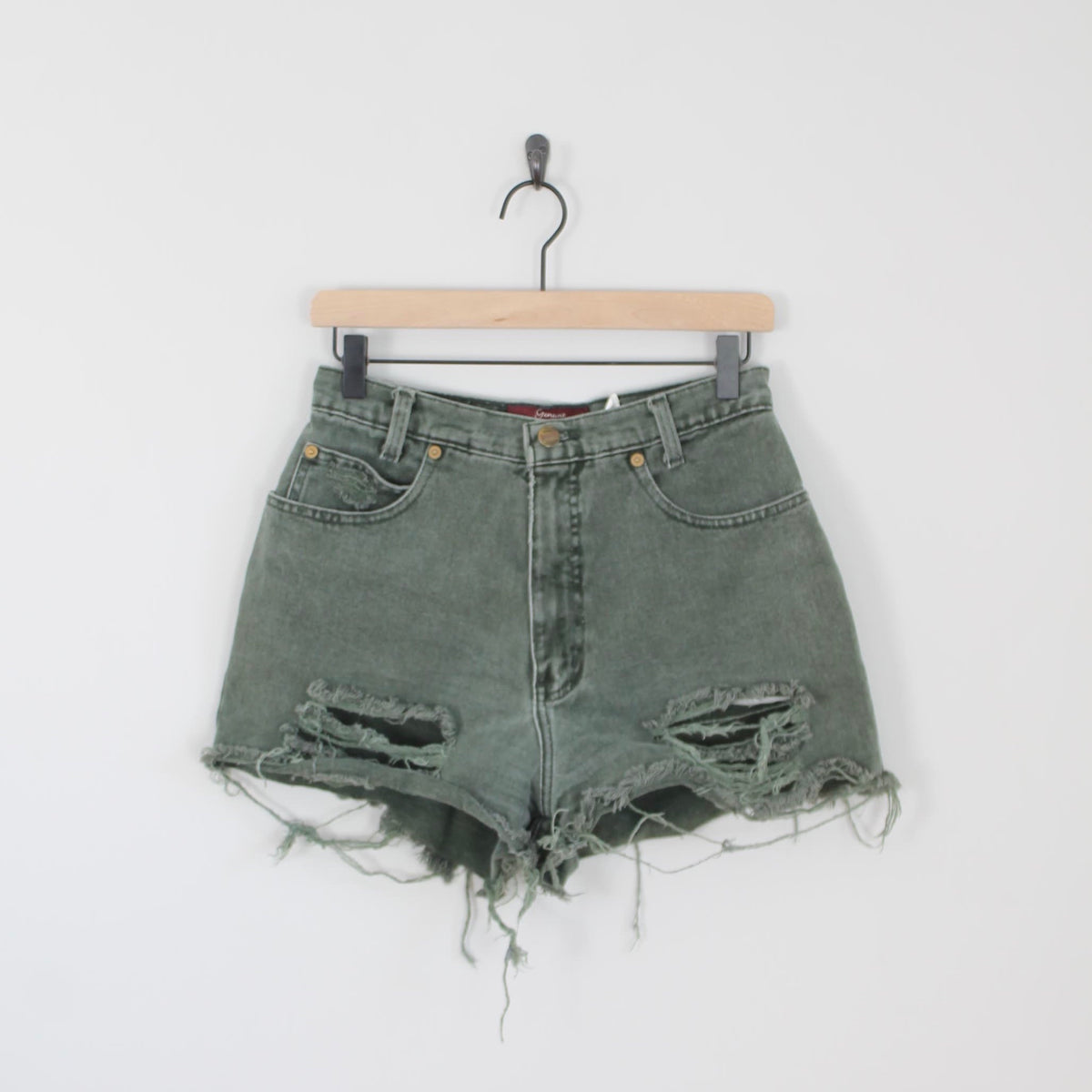 Vintage Green Denim Cut-Off Shorts, Waist Size 28