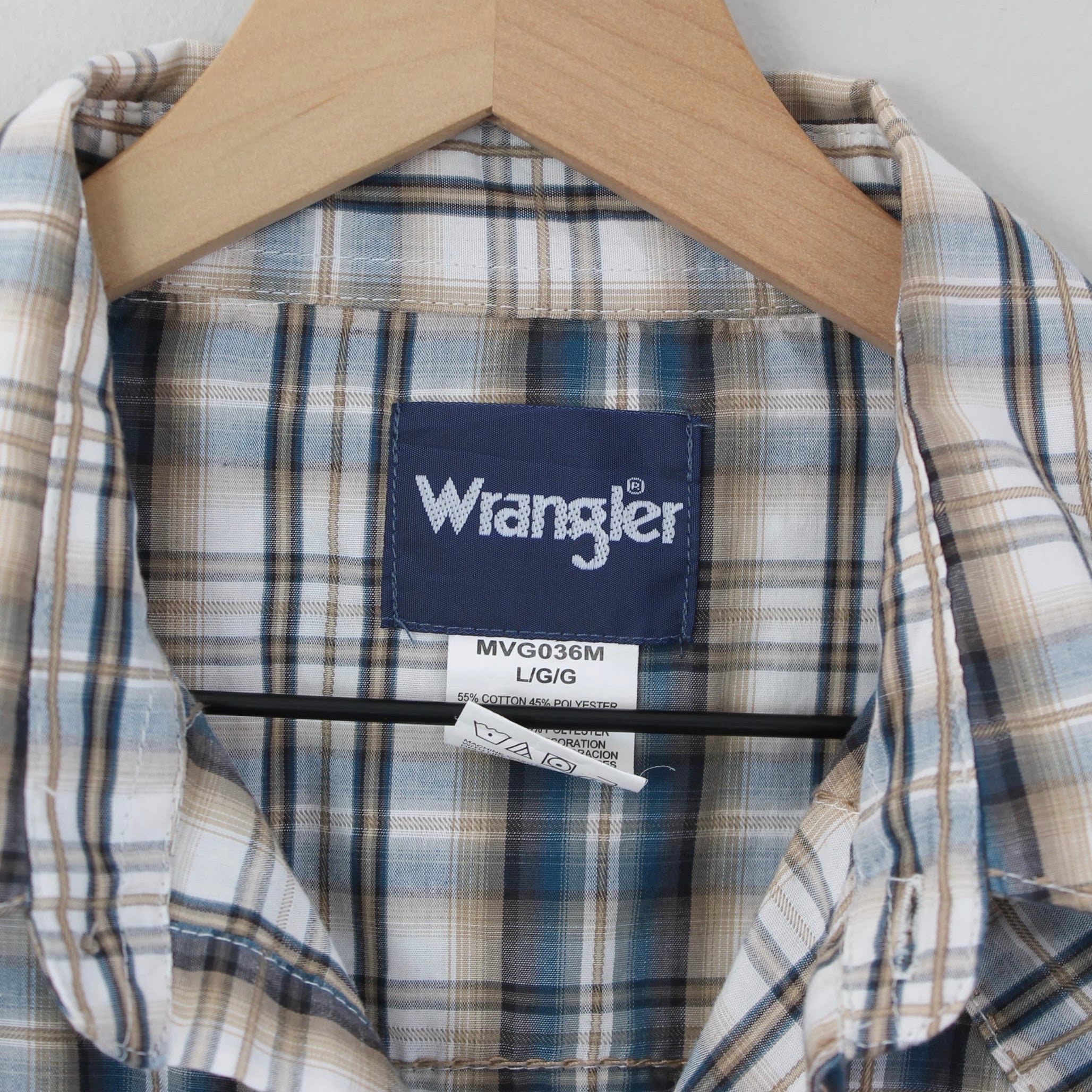 Vintage 80s Blue and Beige Wrangler, Plaid Snap Button Western
